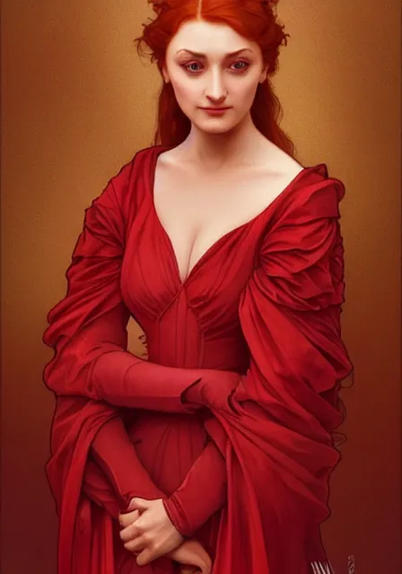 Image similar to sansa stark in red, intricate, elegant, highly detailed, digital painting, artstation, concept art, smooth, sharp focus, illustration, art by artgerm and greg rutkowski and alphonse mucha and william - adolphe bouguereau