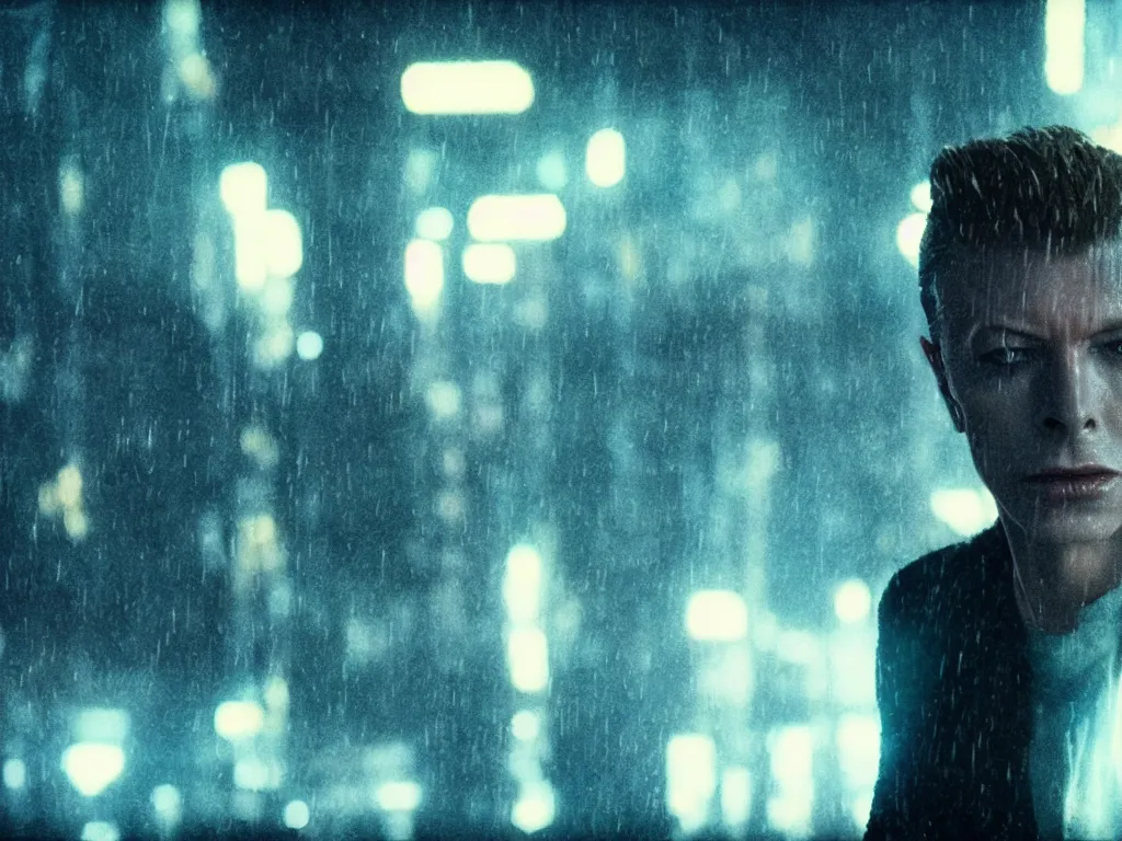 Prompt: young David Bowie, close-up, film still from Blade Runner 2049, beautiful lighting, raining, neon lights, cinematic, depth, ultra-sharp details