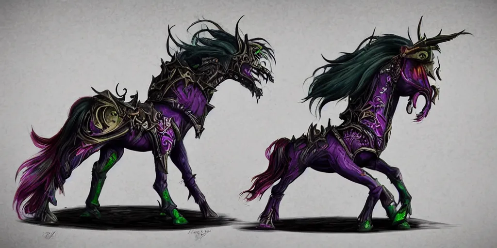 Image similar to a dark fantasy side view of a evil circus coloured carousel horse, tim burton, world of warcraft, league of legends