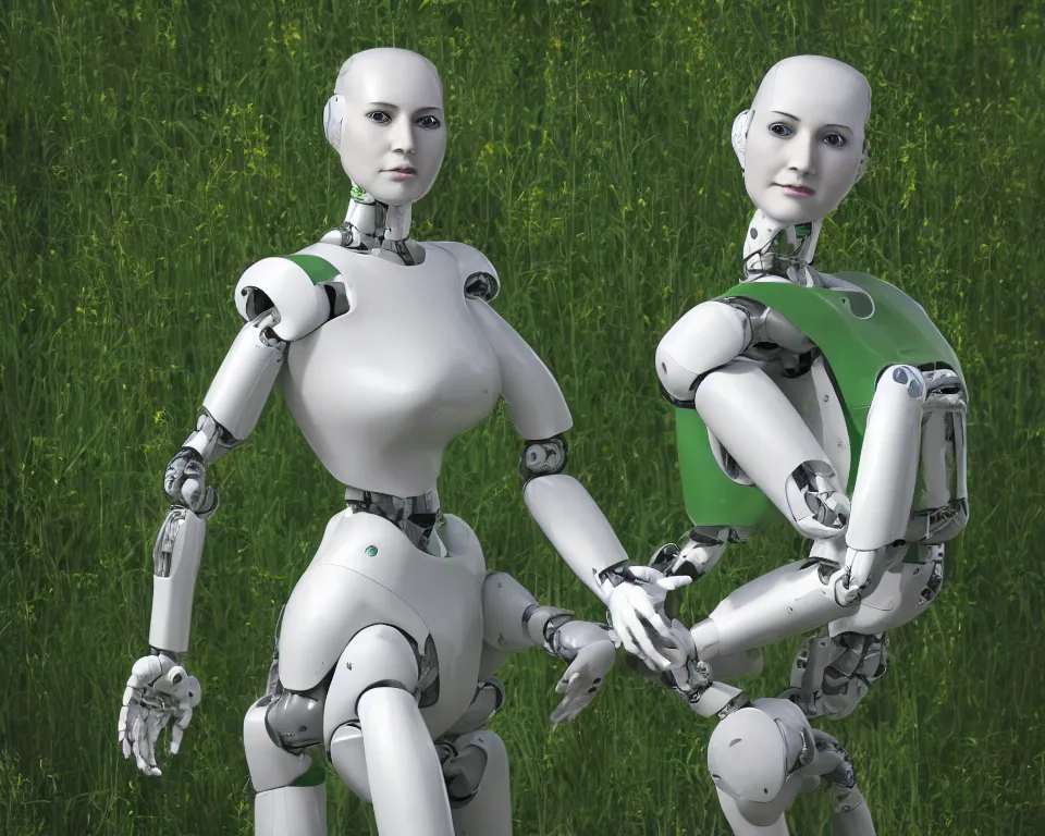 Image similar to posterior of a realistic humanoid female robot surrounded by green gas,