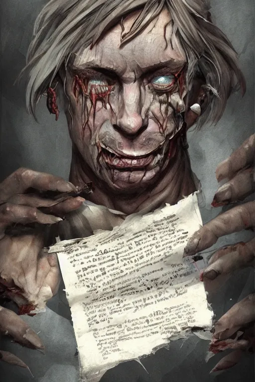 Image similar to A deranged tiny filthy man wearing long dark damaged ripped robes showing a magic paper scroll, camera looking down upon, long fingernails, unclipped fingernails, sharp fingernails, focus on face, sharp focus, digital painting, trending on artstation, concept art, fantasy, medieval