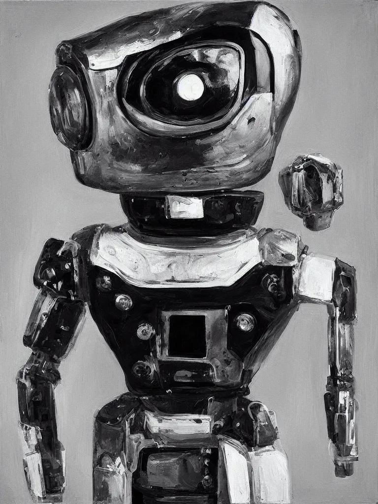 Image similar to “A perfectly centered beautiful black and white portrait oil painting of a retro-futuristic robot in Los Angeles”