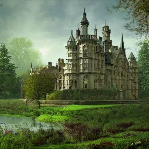 Image similar to England and Wales fairytale victorian castle with a fairytale green roof photorealistic cinematic highly detailed 19th century photorealistic