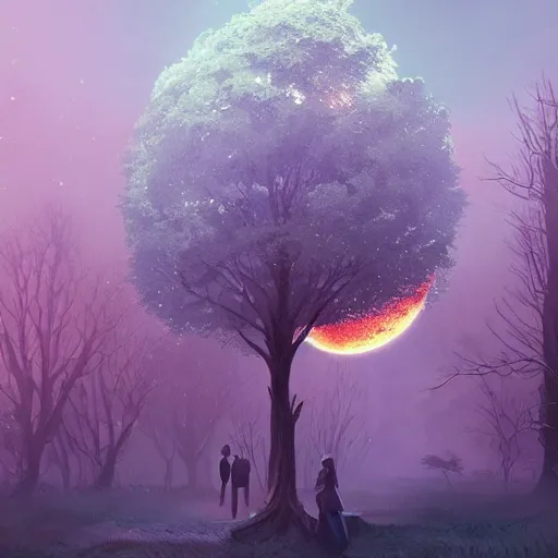 Prompt: Tree filled surface of the moon, intricate, elegant, fantasy, highly detailed, digital painting, concept art, sharp focus, illustration, beautiful volumetric lighting, epic light, artstation, magic hour lighting, colorful, sunshine, springtime, art by Sylvain Sarrailh