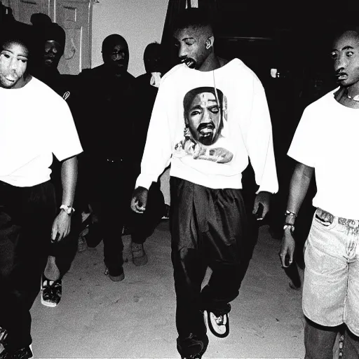 Image similar to 2 pac parting in 1 9 9 2 photo. small house party.