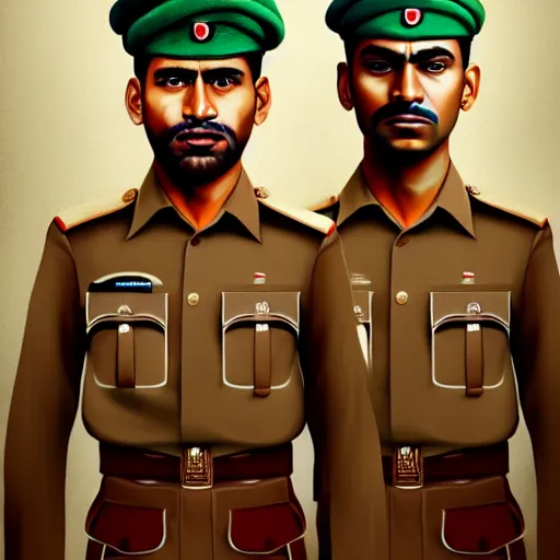 Image similar to a painting of a brown men standing in khakhi uniform, hyperrealistic faces, detailed digital art, aesthetic!, trending on artstation