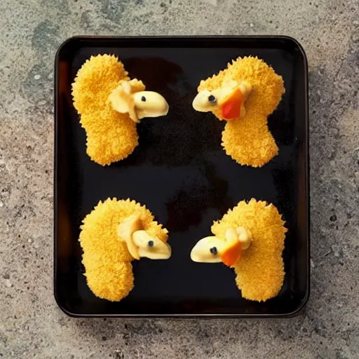 Prompt: photo of chicken nuggets shaped like dinosaurs, realistic, award winning picture