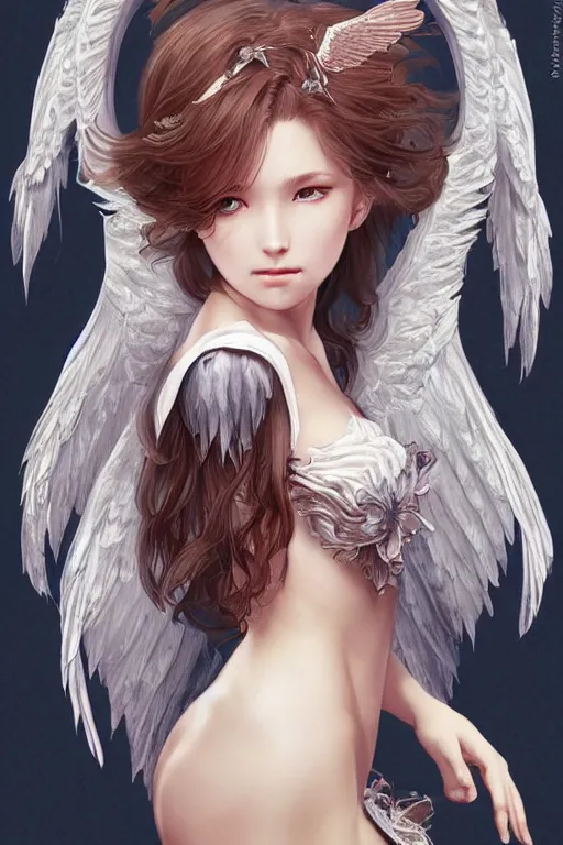 Image similar to beautiful maiden with angelic wings, intricate, elegant, highly detailed, artstation, concept art, illustration, art by Yoshitaka Amano, Sakimichan, Kuvshinov Ilya, tsuaii