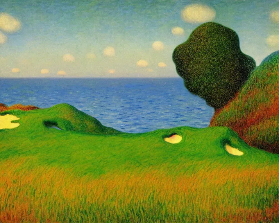 Image similar to achingly beautiful painting of pacific dunes course by rene magritte, monet, and turner.