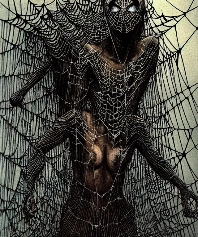 Image similar to a spiderwoman standing all covered in spiders. arachnophobia, fear of spiders, incredible number of spiders and bugs. extremely high details, spider paws and eyes, realistic, horror, creepy, web, masterpiece, art by zdzislaw beksinski, arthur rackham, dariusz zawadzki, ed binkley