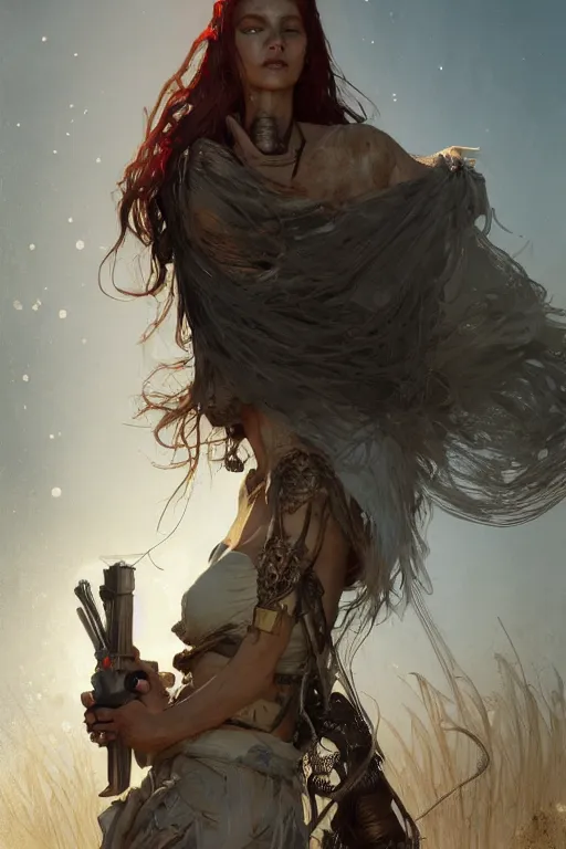 Image similar to a full body portrait of a beautiful post apocalyptic offworld inventors district bedouin blind pulp fiction scarlet wild rogue barbarian leper begging by the roadside, intricate, elegant, highly detailed, digital painting, artstation, concept art, smooth, sharp focus, illustration, art by krenz cushart and artem demura and alphonse mucha
