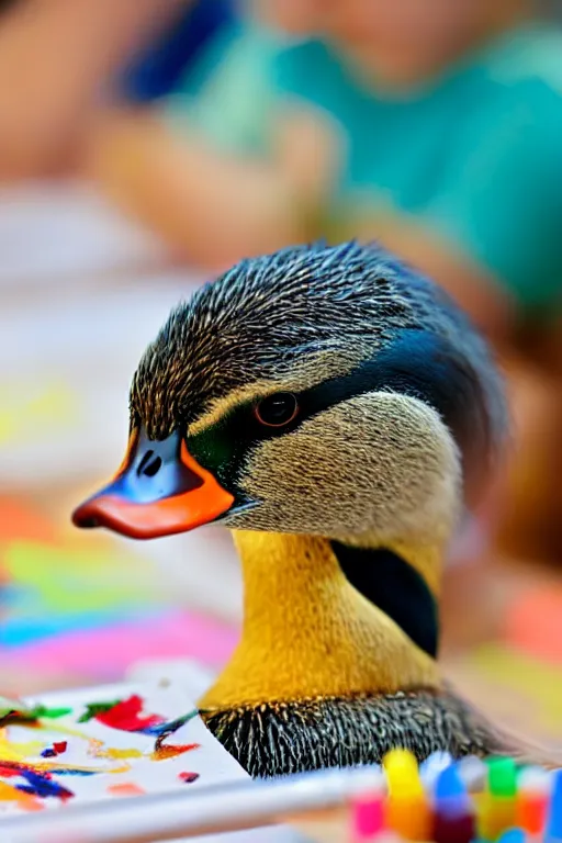 Prompt: a cute mallard duck at a summer camp, enjoying craft activities at the crafts table