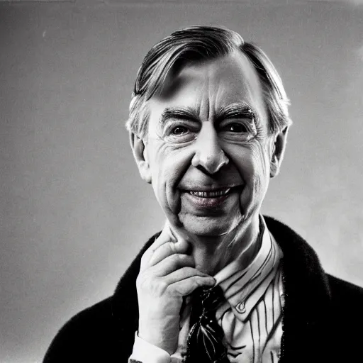 Prompt: portrait of mr rogers as the lead singer of a norwegian black metal band, black metal, black and white photograph, high contrast