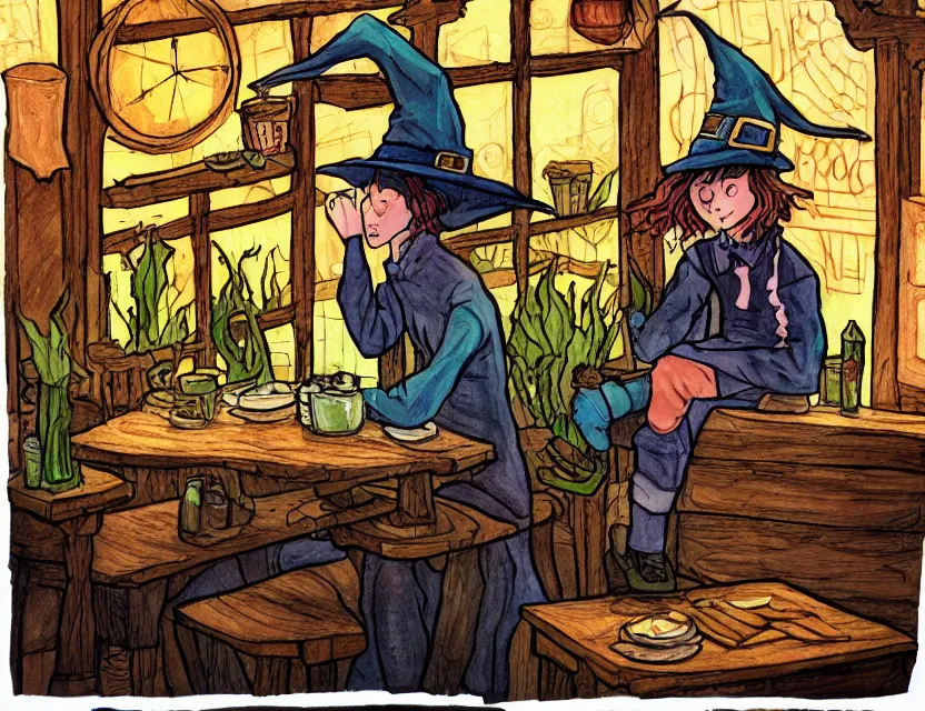 Prompt: witch boy in a suspicious cafe. complementary colors, copic markers, indie concept art, bloom, chiaroscuro, backlighting, intricate details.