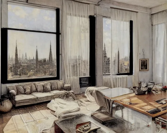 Image similar to a beautiful minimalist apartment with and antique furniture with a view of the city, interior design, architecture, key lighting, soft lights, by steve hanks, by edgar maxence, by caravaggio, by michael whelan, by delacroix, by serov valentin, by tarkovsky, 8 k render, detailed, oil on canvas