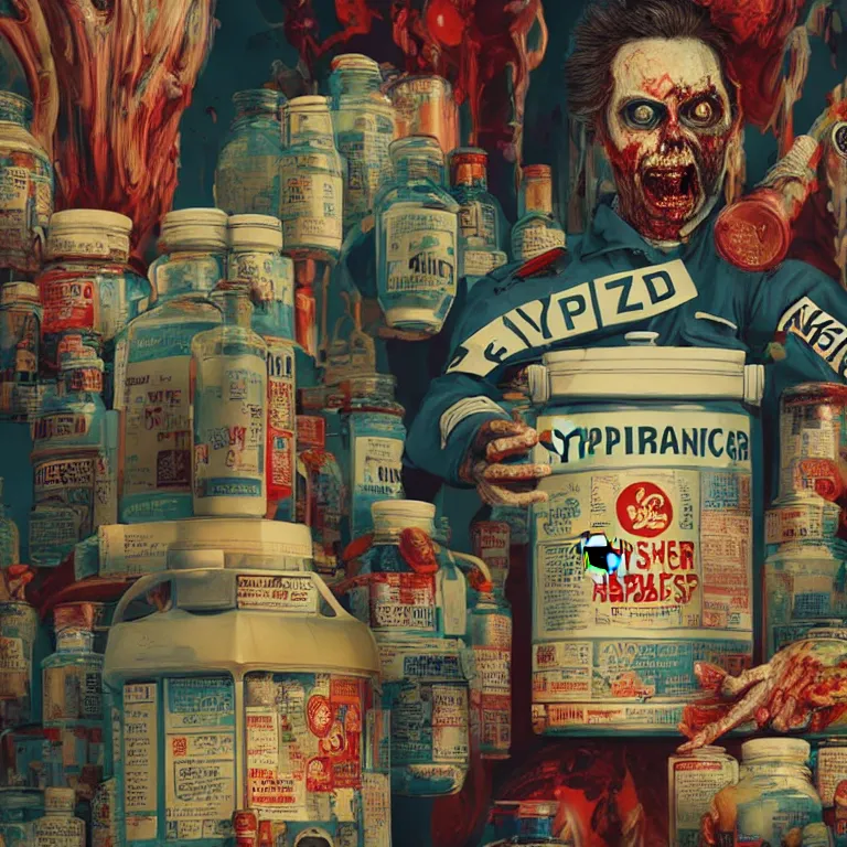 Image similar to hyperdetailed poster painting in a color style of 70's black poster art of an a crazy pharmacist zombie holding a giant jar of pills, epic scale ultrawide angle, 3D rendered, Vray rendered, octane render, unreal engine