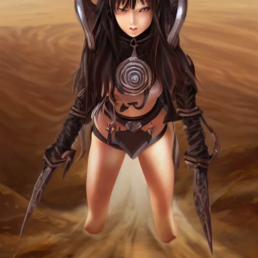 Image similar to portrait of a female berber mage, devil horns and black hair in a ponytail wearing a steel chestplate in a desert, half body, single subject, ambient lighting, highly detailed, digital painting, trending on pixiv fanbox, studio ghibli, extremely high quality artwork, art by ross tran and artgerm and makoto shinkai