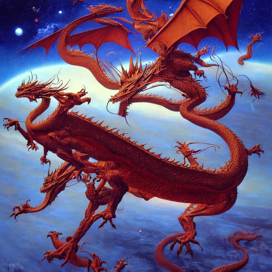 Prompt: dragon with no wings in outer space, tim hildebrandt, wayne barlowe, bruce pennington, donato giancola, larry elmore, oil on canvas, masterpiece, trending on artstation, featured on pixiv, cinematic composition, dramatic pose, beautiful lighting, sharp, details, hyper - detailed, hd, hdr, 4 k, 8 k