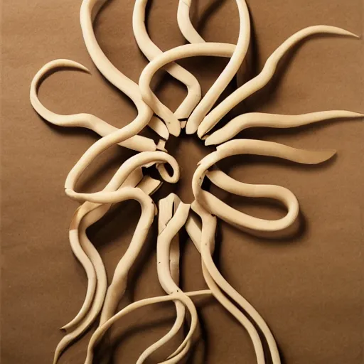 Image similar to cardboard cutout of tentacles, cut out of corrugated cardboard, realistic, cardboard cutout, flat, hyperrealistic photography