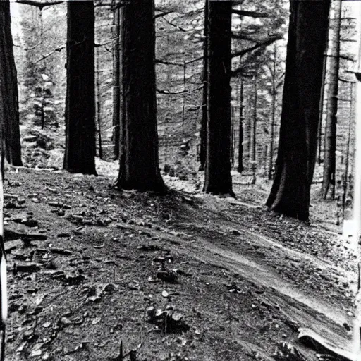 Image similar to A medium-format black-and-white photo shot on expired film, of the last thing a hiker saw before disappearing forever, 1976