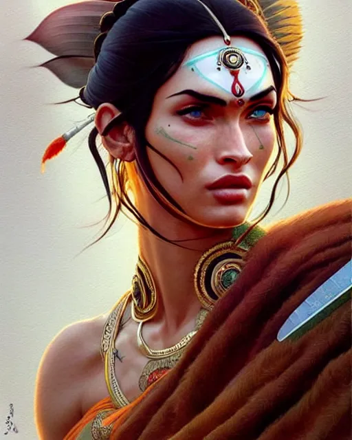 Prompt: indian warrior, megan fox, detailed perfect face, exquisite details, nose ring piercing!!!!, wind magic, mid view, design on a white background, by studio muti, greg rutkowski makoto shinkai takashi takeuchi studio ghibli