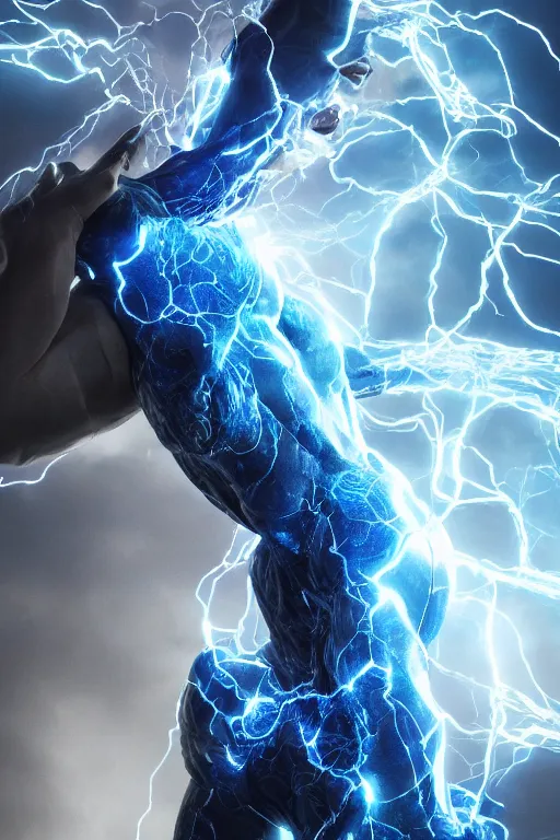 Image similar to photography of a hyper realistic highly detailed stunning expressive humanoid creature, controls complex and highly detailed blue lightning strikes as a super power. professionnal digital art, artstatiom, stuning, intricate, complex, unreal engine 5.