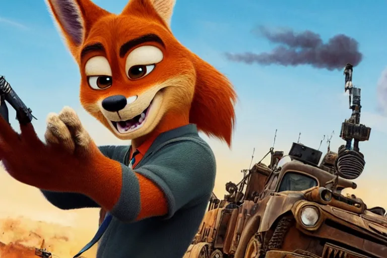 Image similar to nick wilde ( from zootopia ), heavily armed and armored facing down armageddon in a dark and gritty reboot from the makers of mad max : fury road