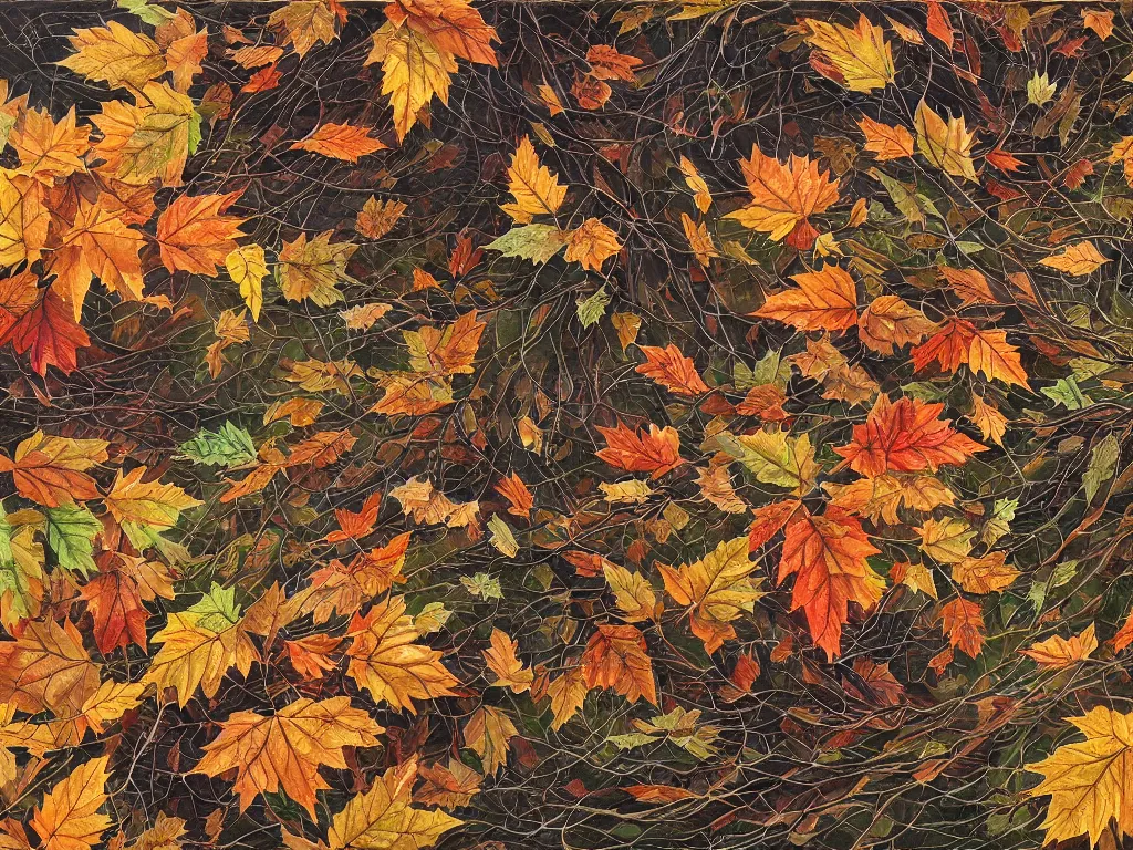 Prompt: a chaotic windy tornado of autumn leaves, intricate details, aesthetically pleasing and harmonious natural colors, art by tiffany bozic, impressionism, detailed, dark