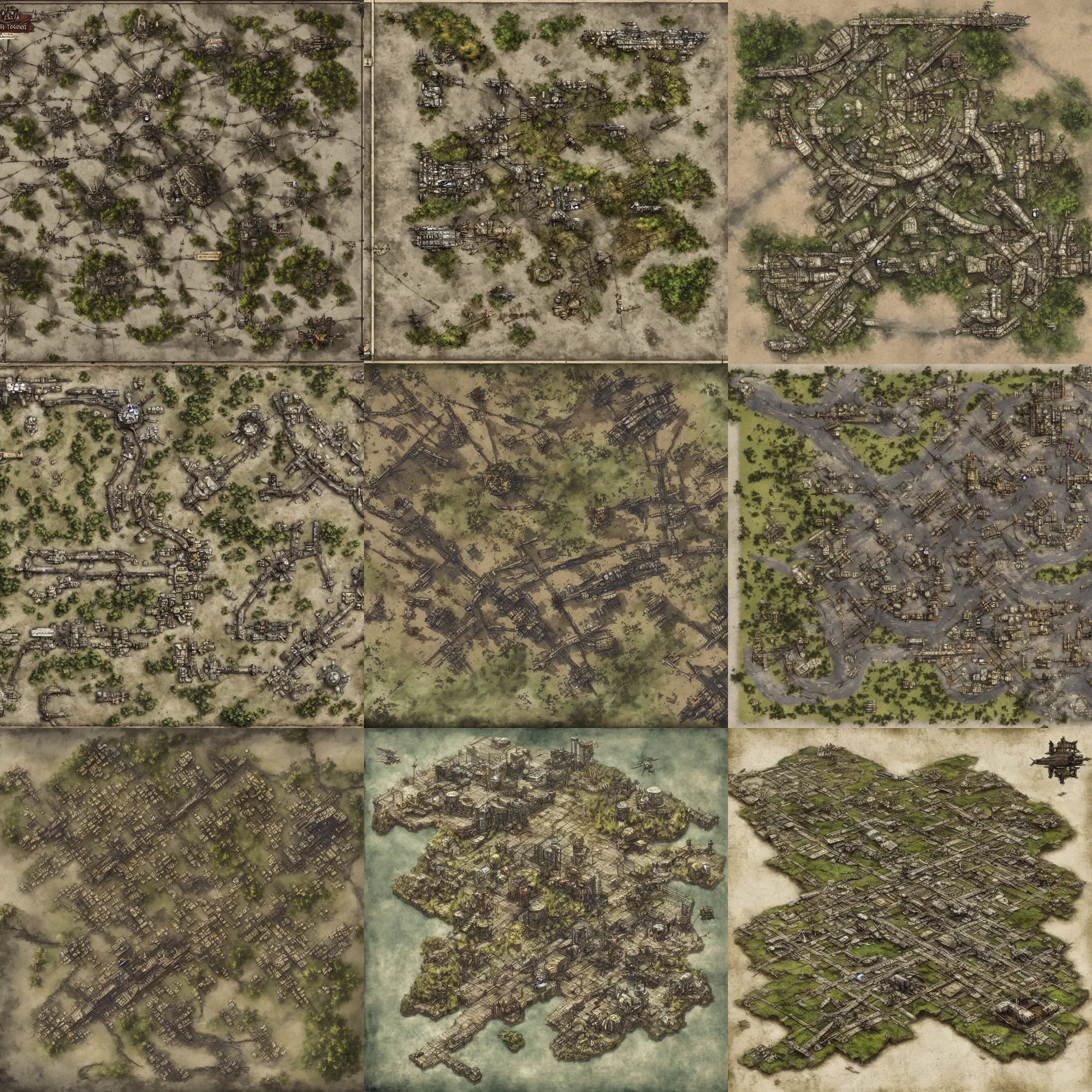 Prompt: handpainted top down overhead bird's eye view!!! | | grid - based ruined dieselpunk army base virtual tabletop encounter map, by greg rutkowski, trending on artstation, r / battlemaps