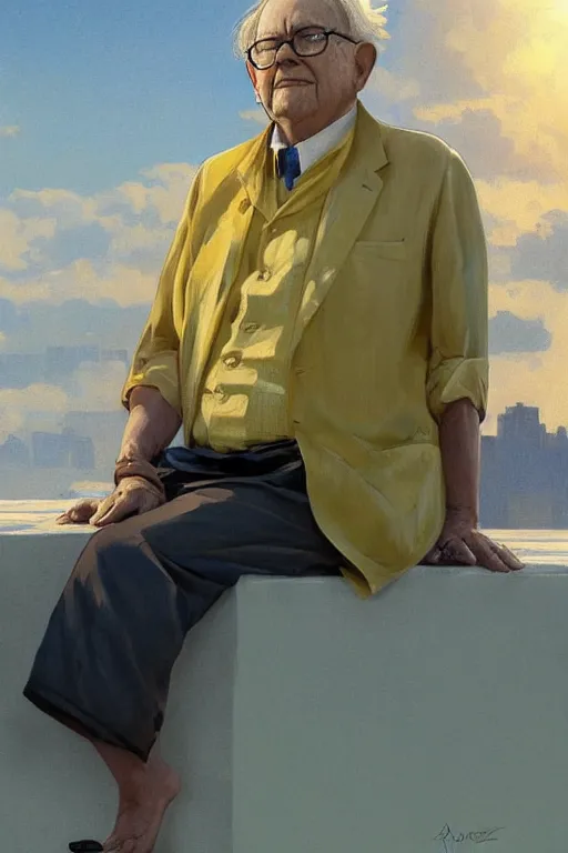 Prompt: warren buffet godly clothes meditating in the sun, yellow lighting ultra realistic photorealistic highly detailed high quality, a stunningly, digital painting, artstation, concept art, smooth, sharp focus, illustration, art by artgerm and greg rutkowski and alphonse mucha 8 k