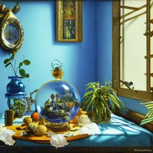 Prompt: still life painting of a miniature tabletop forest under an ornate glass dome, by paulette tavormina and vermeer, cool color - scheme with blues and greens, hyper realistic, sharp focus, detailed, beautiful bright lighting