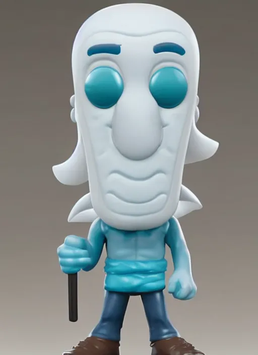 Image similar to funko pop figure of handsome squidward, chiseled jaw, sharp features, product photo