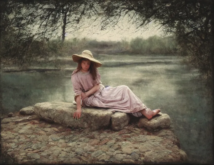 Prompt: peasant girl sitting on a stone by a shore of river, cottage core, cinematic focus, polaroid photo bleached vintage pastel colors high - key lighting, soft lights, foggy, by steve hanks, by lisa yuskavage, by serov valentin, by tarkovsky, 8 k render, detailed, oil on canvas