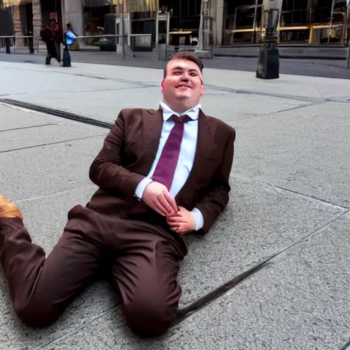 Prompt: A smiling chubby white clean-shaven man dressed in a chocolate brown suit and necktie is laying on the ground in New York city.