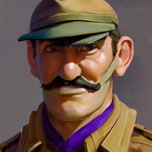 Image similar to greg manchess portrait painting of tactical waluigi, military art, medium shot, asymmetrical, profile picture, organic painting, sunny day, matte painting, bold shapes, hard edges, street art, trending on artstation, by huang guangjian and gil elvgren and sachin teng