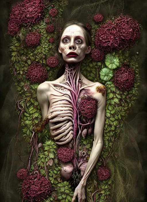 Prompt: beautiful and detailed rotten woman corpse with fractal plants and fractal flowers growing around, muscles, veins, arteries, intricate, organs, ornate, surreal, ray caesar, john constable, guy denning, dan hillier