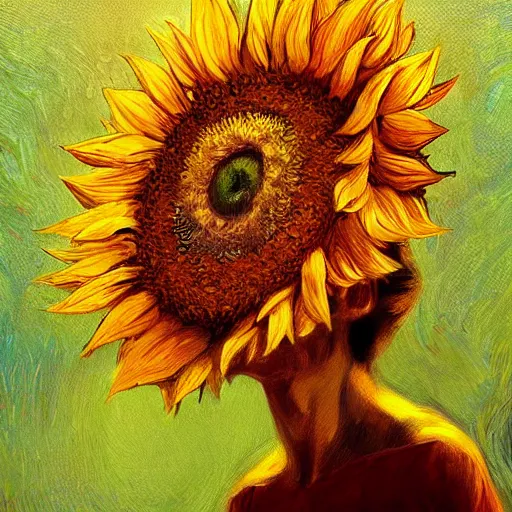 Prompt: giant sunflower head, woman in an apartment, surreal, dramatic light, impressionist painting, digital painting, artstation, van gogh