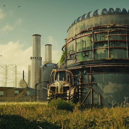 Prompt: fully detailed landscape of a cyberpunk farm , watertank, futuristic tractors, farmhouse, mushroom, overgrowth, Ai , in the future, high quality, 8k , octane render