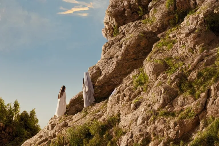 Prompt: a unique digital photo of a jesus and mary magdalene as man and wife standing on a cliff looking over a beautiful landscape in france, rennes - le - chateau, award winning photo, very detailed, very realistic cinematic