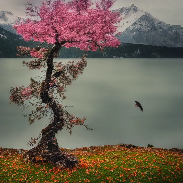 Prompt: a beautiful awesome artistic tree in the winter with falling flowers like leaves and many birds, teddy bear walks next to a tree, all in the amazing outdoors view, mountain in the background, lake, long exposure, 8 k resolution, trending on artstation