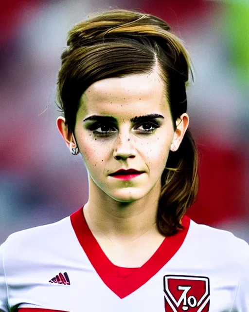 Image similar to a portrait of emma watson as a lokomotiv football player, hyper realistic