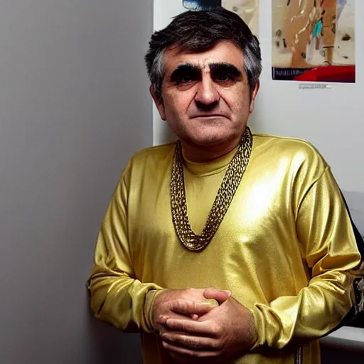 Image similar to jafar panahi mixed with gordon brown, clean shaven, wearing an umbro sports tracksuit and gold necklace with large star shaped intricate gold medallion