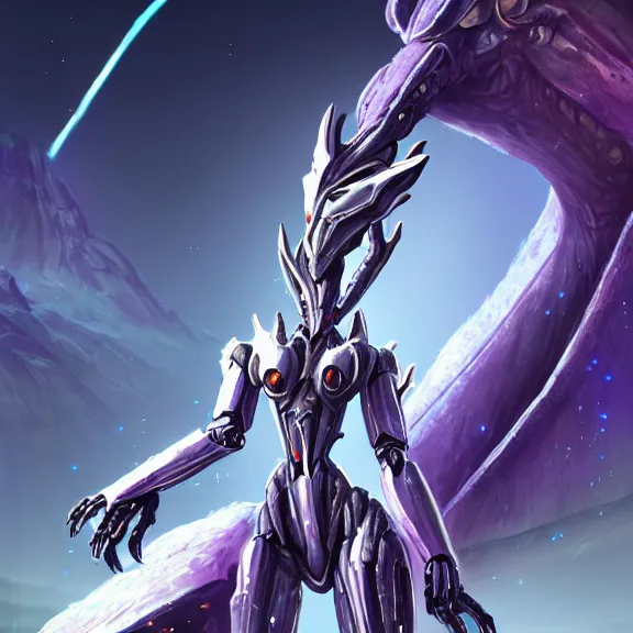 Image similar to extremely detailed ground shot of a giant beautiful stunning goddess 1000 meter tall anthropomorphic hot robot mecha female dragon, silver sharp streamlined armor, detailed head, sharp claws, glowing Purple LED eyes, sitting elegantly om a mountain, behind a tiny village the size of her foot, micro pov, dragon art, warframe fanart, Destiny fanart, macro art, giantess art, furry art, furaffinity, high quality 3D realism, DeviantArt, Eka's Portal, HD