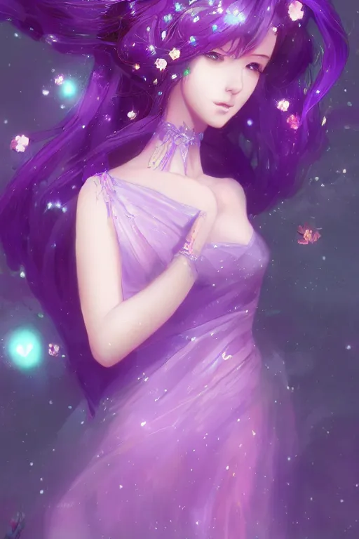 Image similar to 4k detailed portrait of a beautiful intimate woman with long purple cosmic hair and a beautiful flower dress covered in stars, by Ross Tran and Kuvshinov Ilya Anime, volumetric lighting, trending on artstation