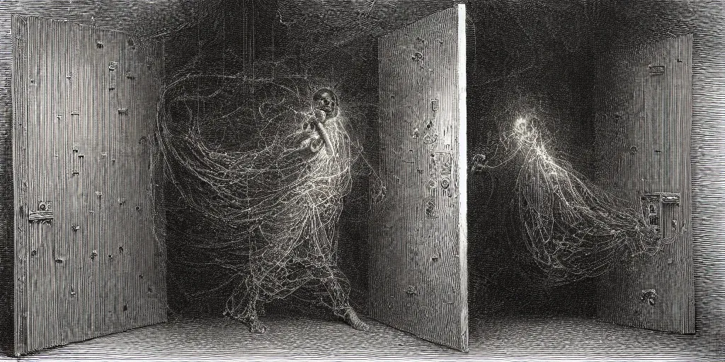 Prompt: a man trapped in a cage, interdimensional forcefield, aura, fear, detailed painting by painting by by gene wolfe, by gustave dore