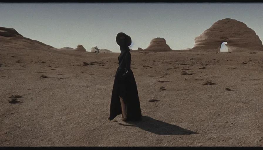 Image similar to glowing bene gesserit in full - face golden glowing mask meet salvador dali in a black rocky desert landscape with alienabandoned city beneath the sand and giant alien spaceship in the sky attacks the earth by christopher doyle and alejandro jodorowsky, anamorphic lens, kodakchrome, cinematic composition, very detailed photo, 8 k,