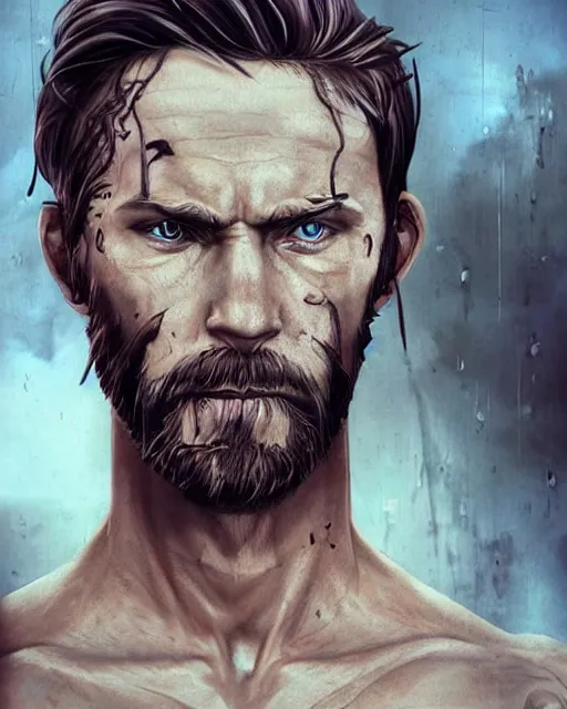 Image similar to portrait of muscular, tired and alcoholic 3 0 - year - old model man with short darkblonde hair, serious sad look in his eyes, dirty beard, blue eyes, crying, wearing dirty soldier uniform, on the desert, hyper realistic face, beautiful eyes, character art, art by mark brooks, hyperdetailed, cryengine, trending on artstation, digital art