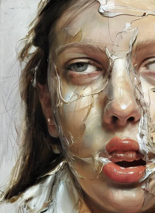 Image similar to high quality high detail painting by jenny saville, hd, a skinny beautiful woman, her face is breaking into pieces, photorealistic lighting