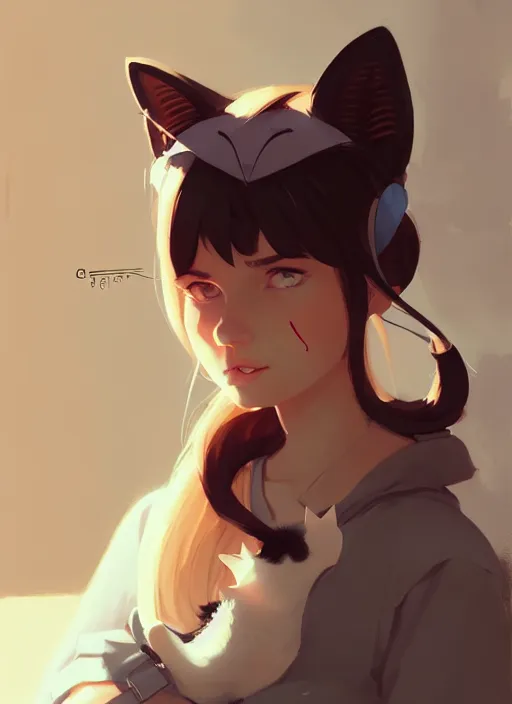 Image similar to portrait of cute catgirl with cat ears, by atey ghailan, by greg rutkowski, by greg tocchini, by james gilleard, by joe gb fenton, by in kaethe butcher, dynamic lighting, gradient light blue, brown, blonde cream and white color in scheme, grunge aesthetic