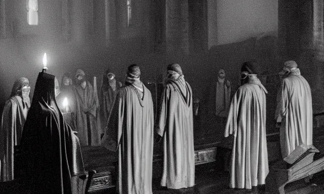Image similar to a cultist ceremony, cultists with robes and masks, church interior, satanic church interior, the fog. horror lighting, found footage